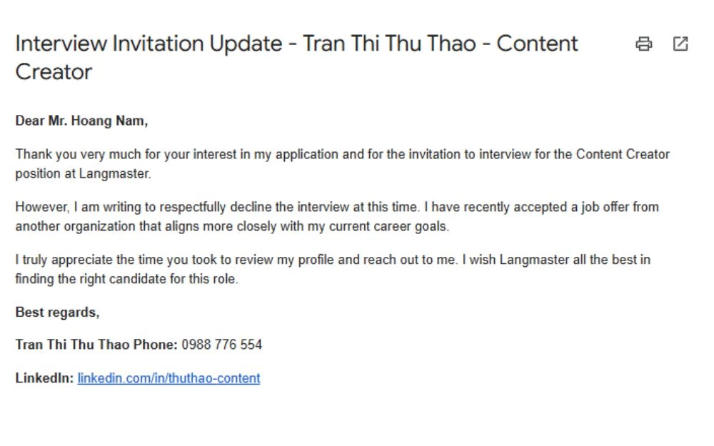 Mẫu thư từ chối phỏng vấn lịch sự bằng tiếng Anh