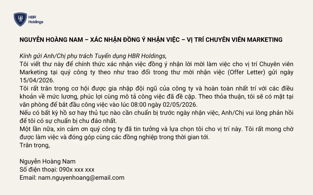 Mẫu 1: Chấp nhận offer thông thường bằng tiếng Việt