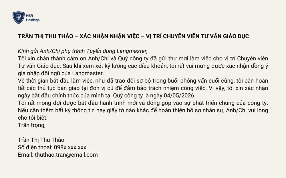 Mẫu 2: Chấp nhận offer kèm xác nhận ngày bắt đầu