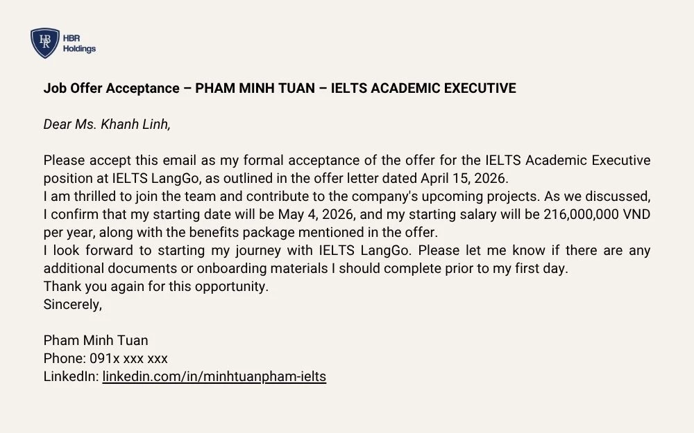 Mẫu 3: Chấp nhận offer bằng tiếng Anh chuyên nghiệp