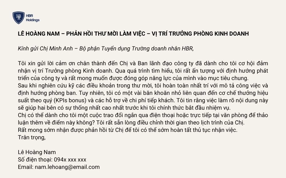 Mẫu 4: Chấp nhận offer kèm đàm phán điều khoản khéo léo