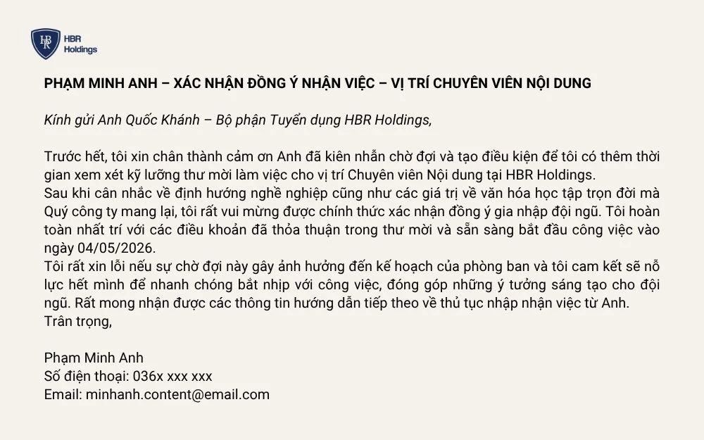 Mẫu 5: Chấp nhận offer sau khi xin thêm thời gian cân nhắc