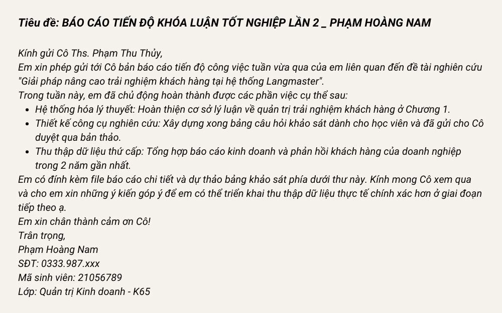 Mẫu email gửi bài tập, báo cáo tiến độ nghiên cứu