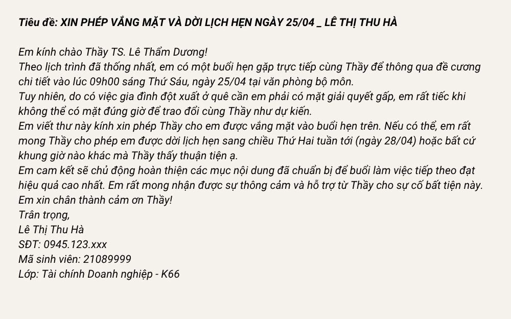 Mẫu email xin dời lịch hoặc xin vắng mặt có lý do