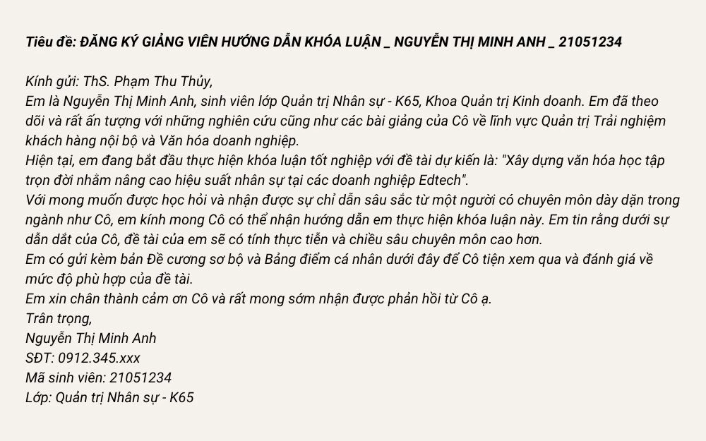Mẫu email xin hướng dẫn khóa luận, luận văn