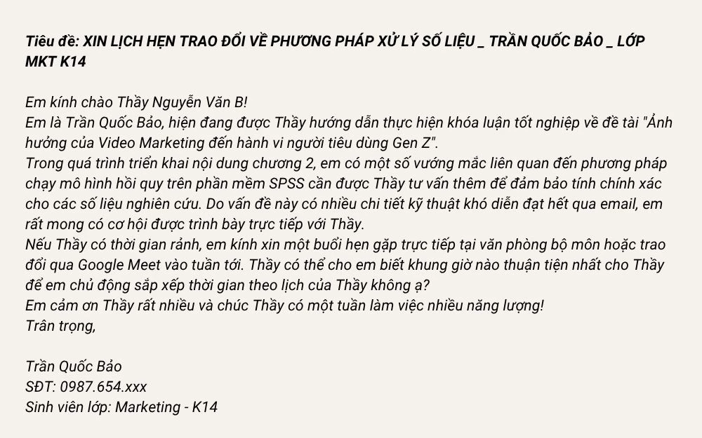 Mẫu email xin lịch gặp thầy cô trao đổi nội dung