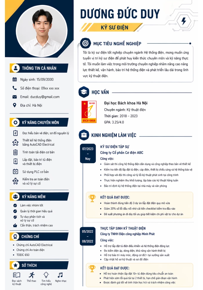 Mẫu CV kỹ sư điện