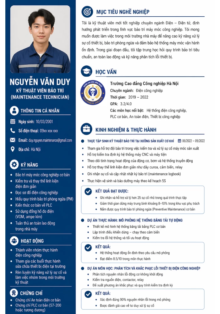 Mẫu CV kỹ thuật bảo trì