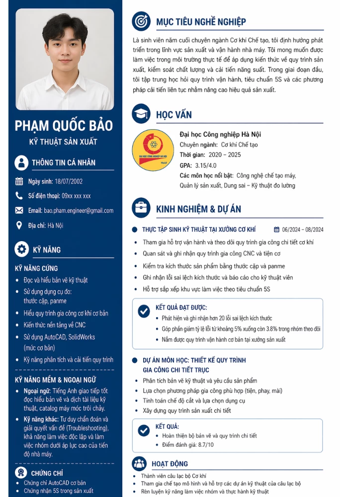Mẫu CV kỹ thuật sản xuất