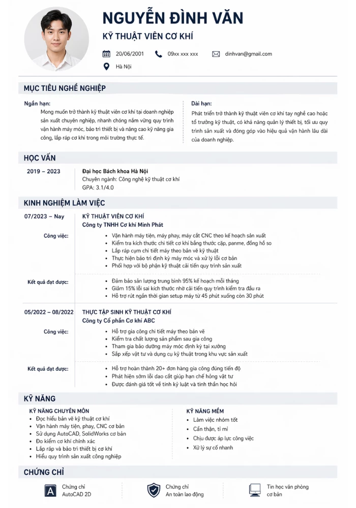 Mẫu CV kỹ thuật viên cơ khí