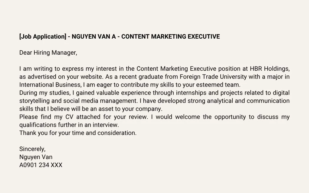 Mẫu email gửi CV bằng tiếng Anh dành cho ứng viên Fresher / sinh viên mới tốt nghiệp