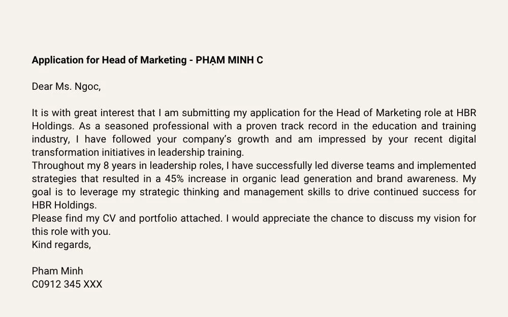 Mẫu email gửi CV bằng tiếng Anh dành cho ứng viên vị trí cấp cao / chuyên ngành