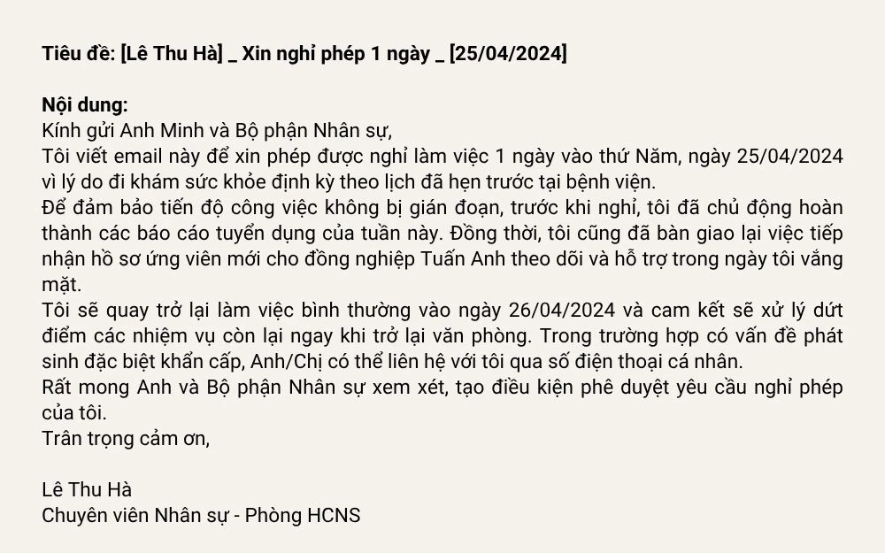 Mẫu Email xin nghỉ phép 1 ngày chuyên nghiệp gửi sếp và HR