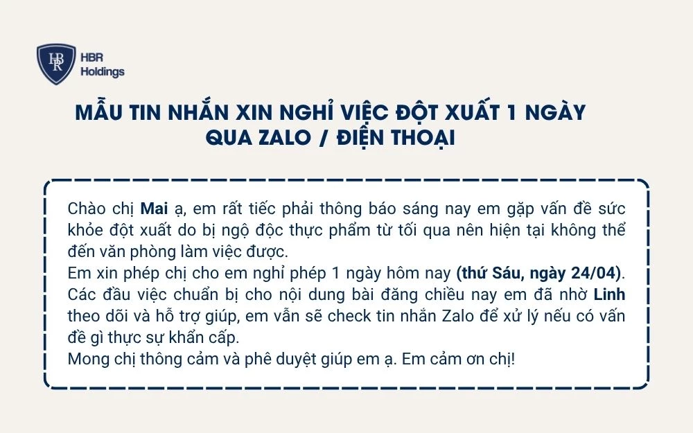 Mẫu tin nhắn xin nghỉ việc đột xuất 1 ngày qua Zalo / điện thoại
