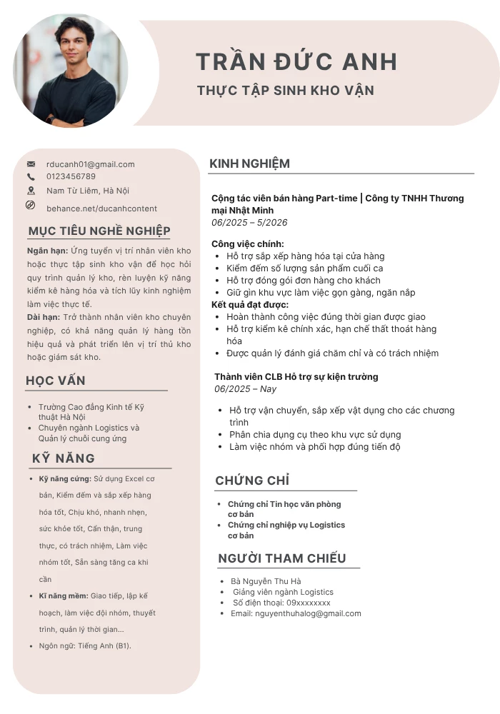 Mẫu CV nhân viên kho chưa có kinh nghiệm