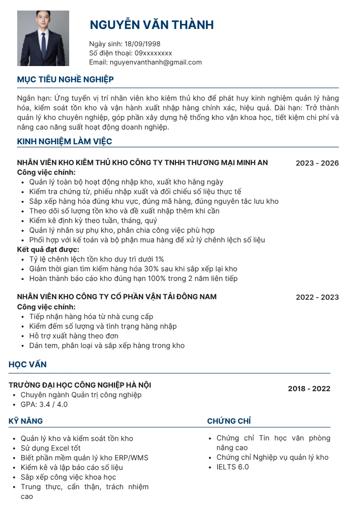 Mẫu CV xin việc nhân viên kho