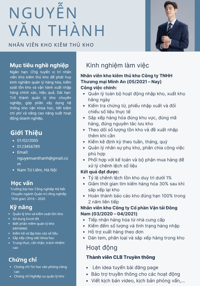 Mẫu CV nhân viên kho kiêm thủ kho