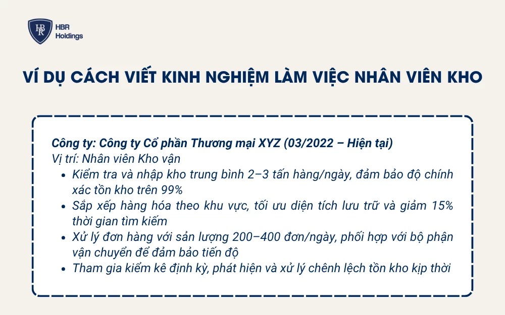 Ví dụ cách viết kinh nghiệm làm việc nhân viên kho
