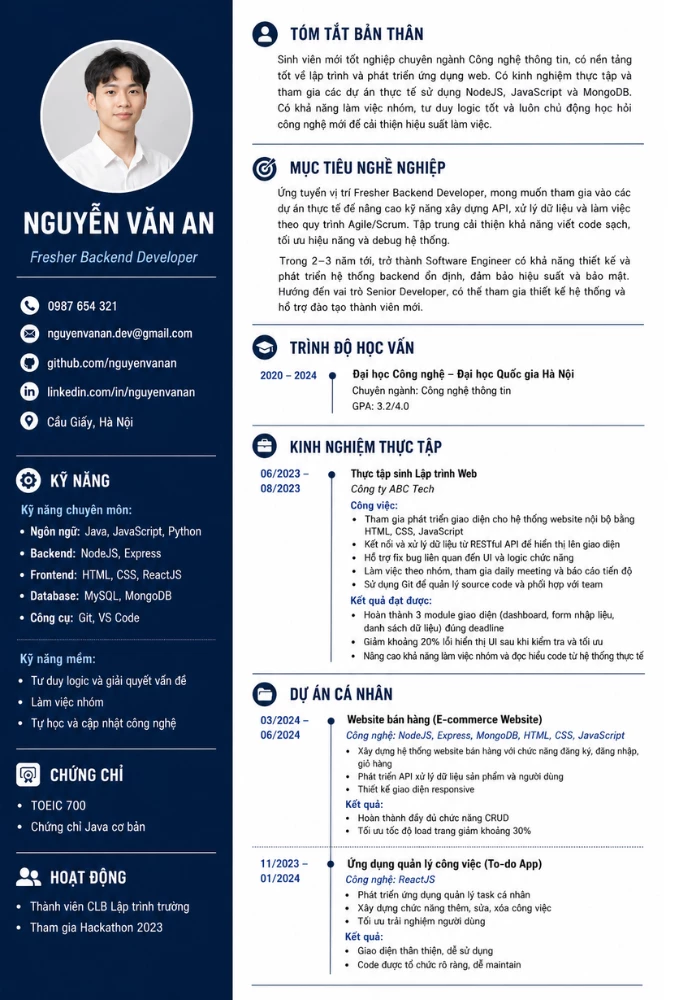 Mẫu CV lập trình viên mới ra trường