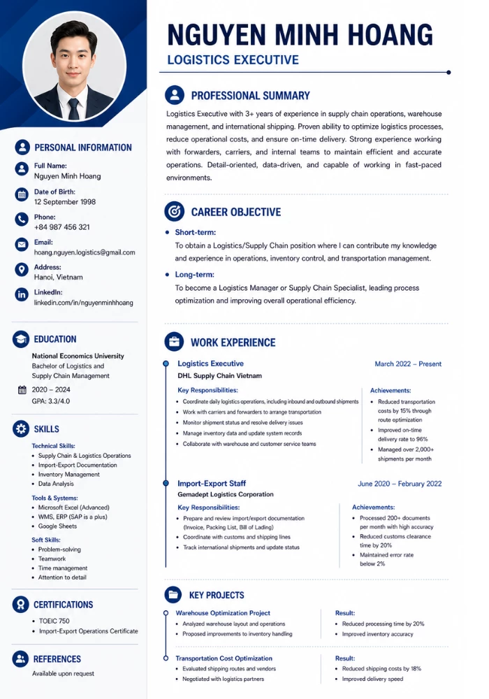 Mẫu CV logistic bằng tiếng Anh
