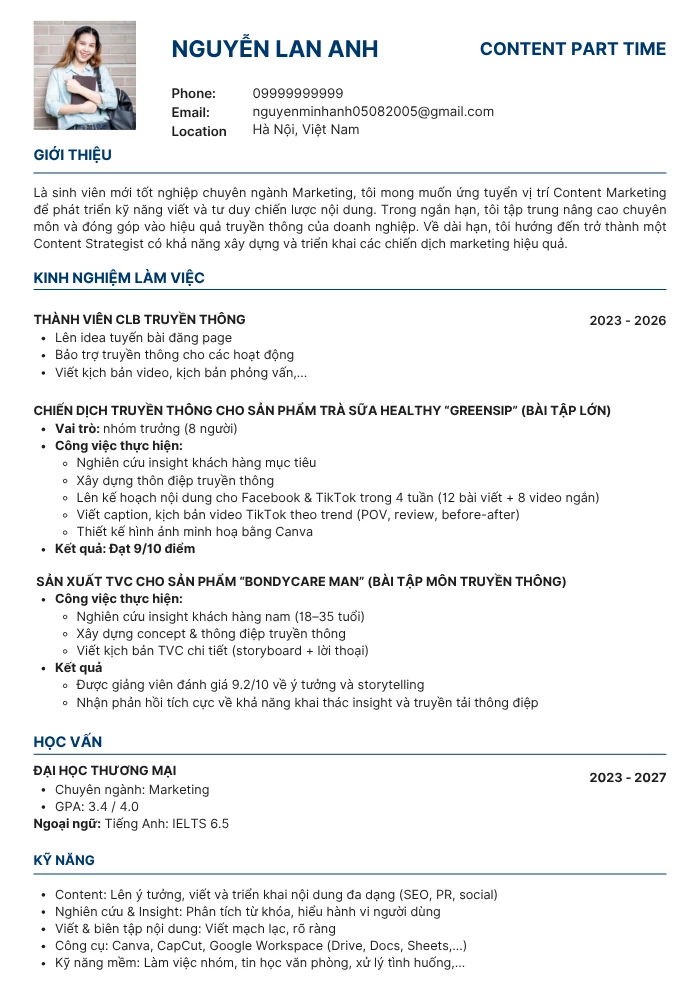 Mẫu CV part-time cho sinh viên