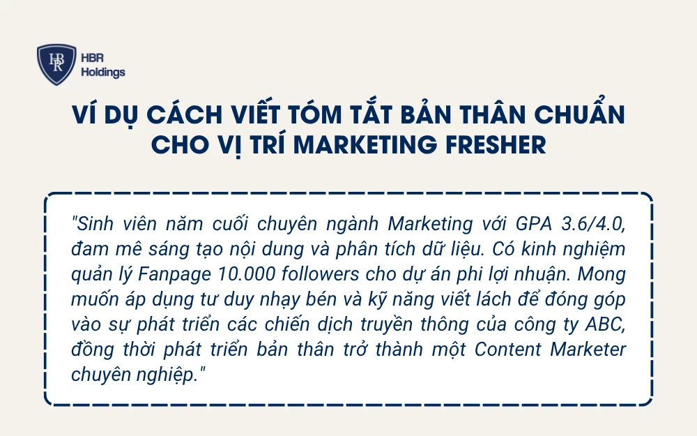 Ví dụ cách viết tóm tắt bản thân chuẩn cho vị trí Marketing Fresher
