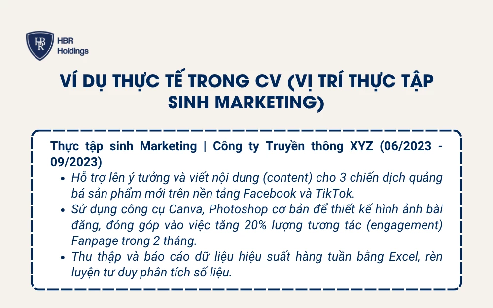 Ví dụ thực tế trong CV (Vị trí Thực tập sinh Marketing)