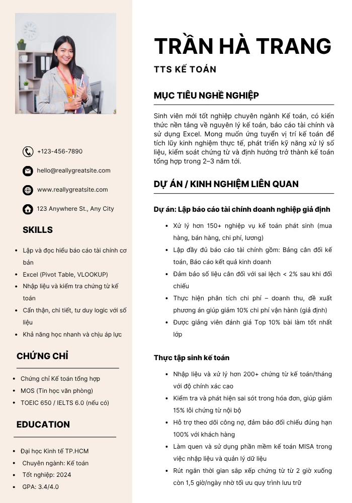 Mẫu CV thực tập sinh kế toán