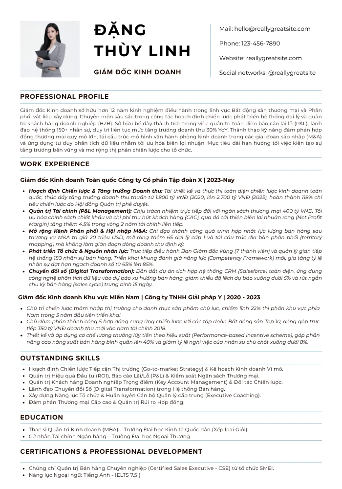 Mẫu CV giám đốc kinh doanh tiếng Việt