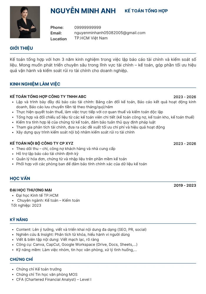 Mẫu CV kế toán trưởng hiện đại, tối giản
