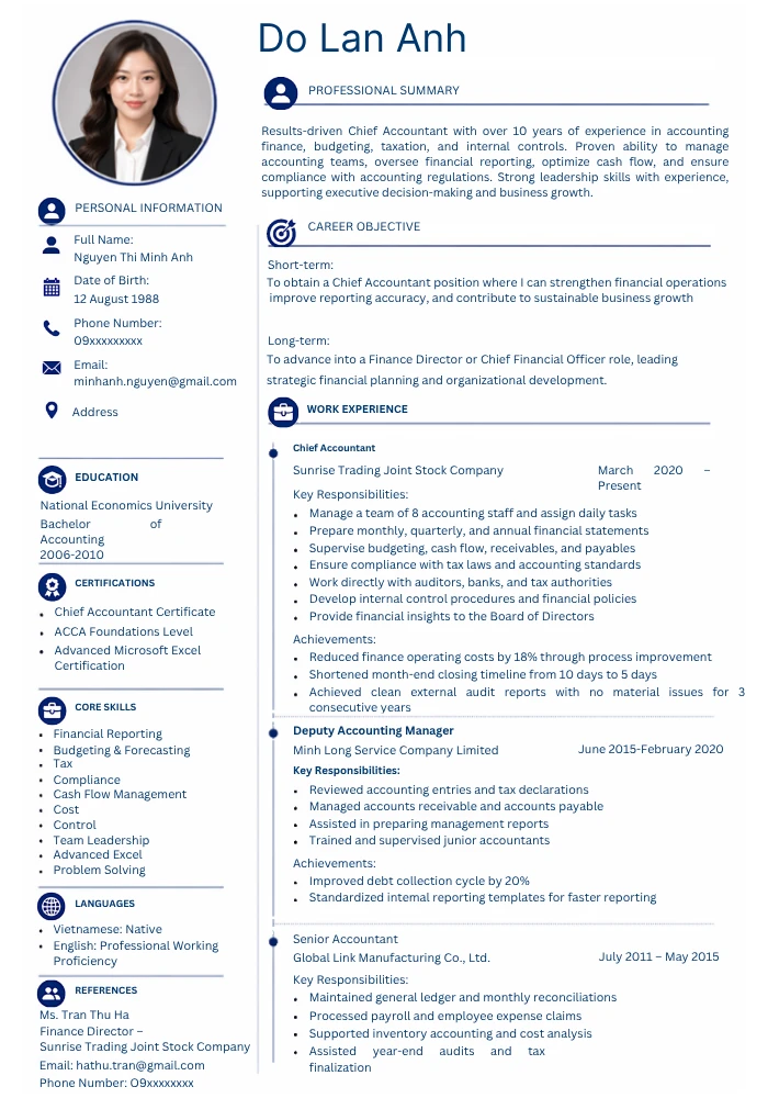 Mẫu CV kế toán trưởng tiếng Anh