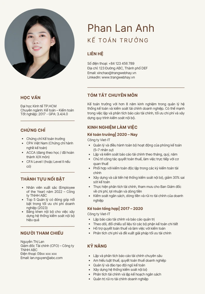 Mẫu CV kế toán trưởng cho ứng viên nhiều kinh nghiệm