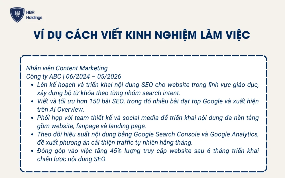 Ví dụ cách trình bày kinh nghiệm làm việc