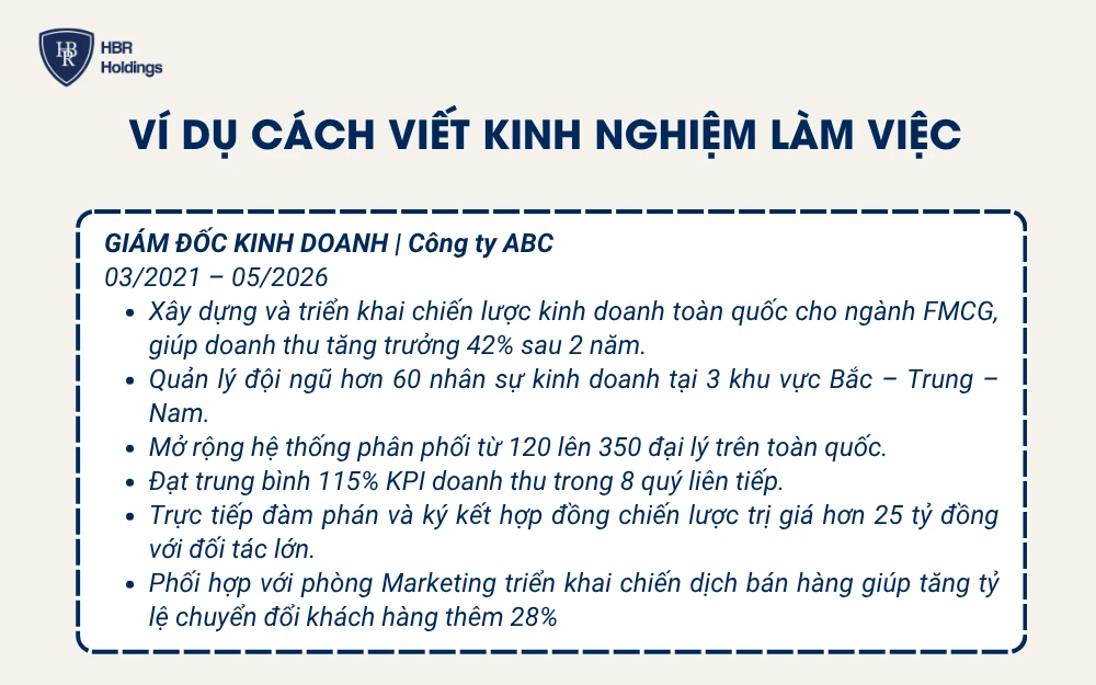 Ví dụ minh họa kinh nghiệm làm việc.