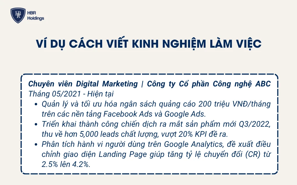 Ví dụ cách trình bày kinh nghiệm làm việc