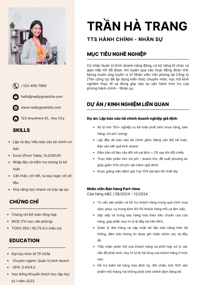 Mẫu CV nhân viên văn phòng chưa có kinh nghiệm / sinh viên mới ra trường