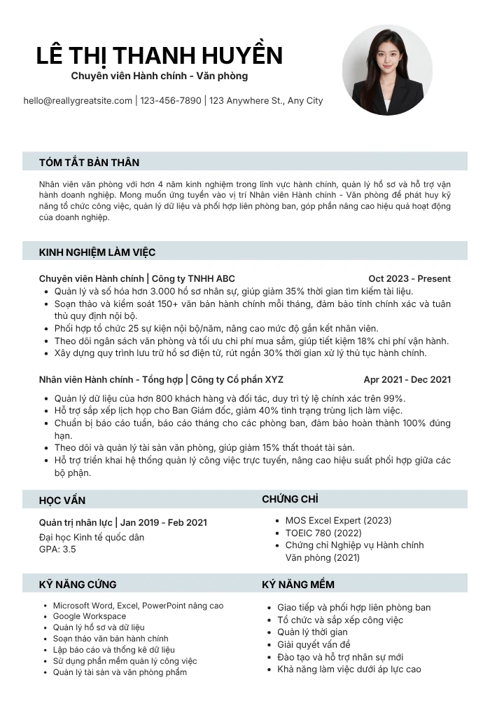 Mẫu CV nhân viên văn phòng có kinh nghiệm
