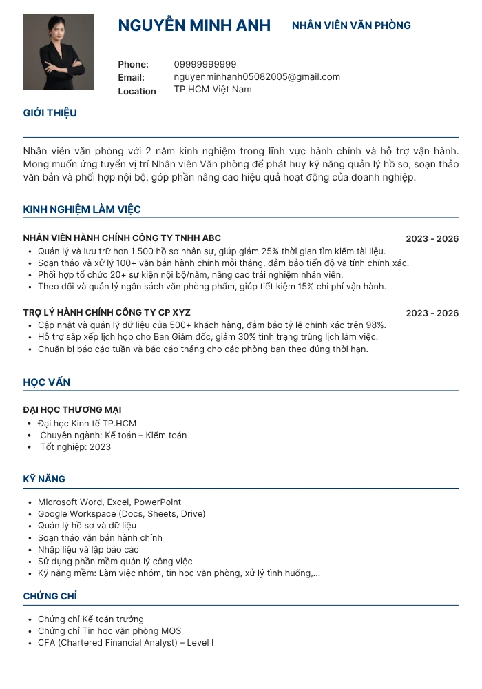 Mẫu CV nhân viên văn phòng hiện đại, chuẩn ATS