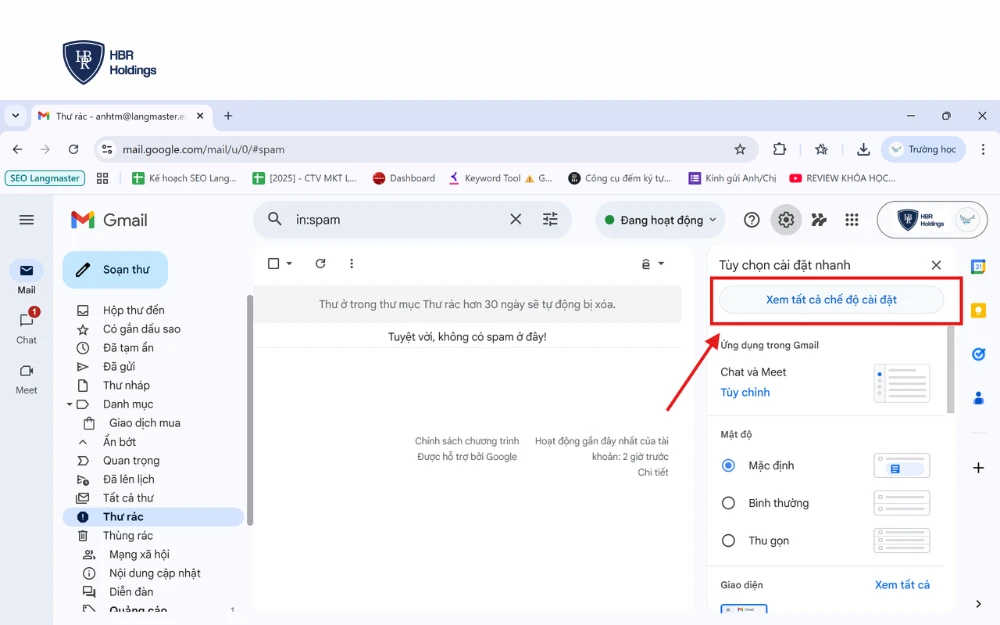 Mở cài đặt trên Gmail