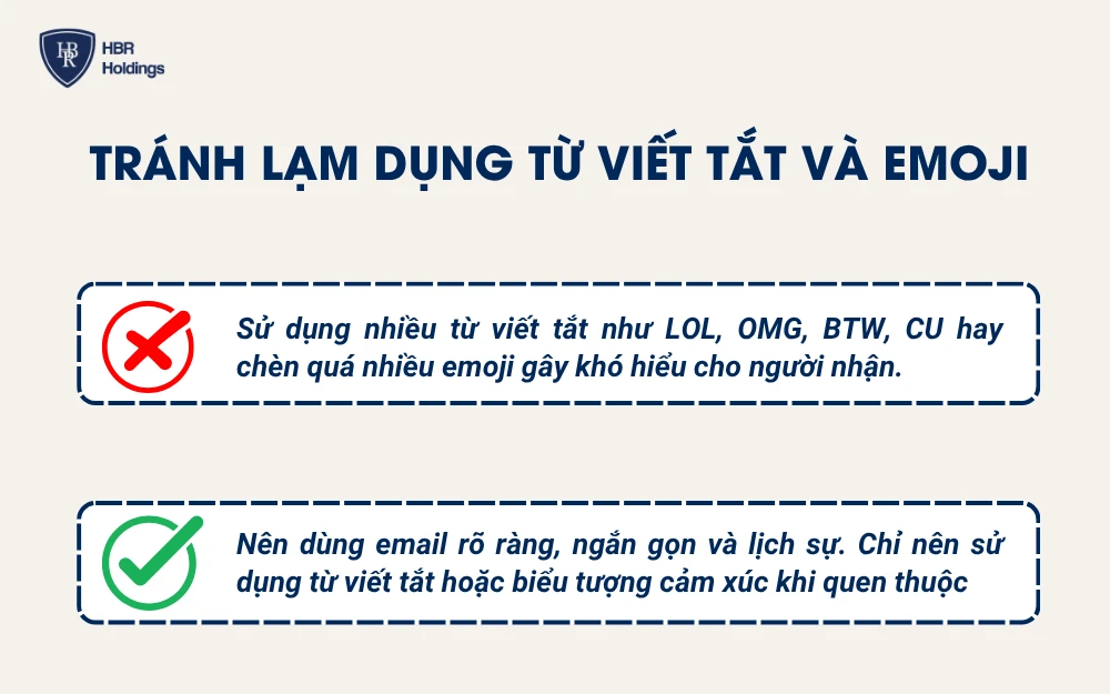 Tránh lạm dụng từ viết tắt và emoji