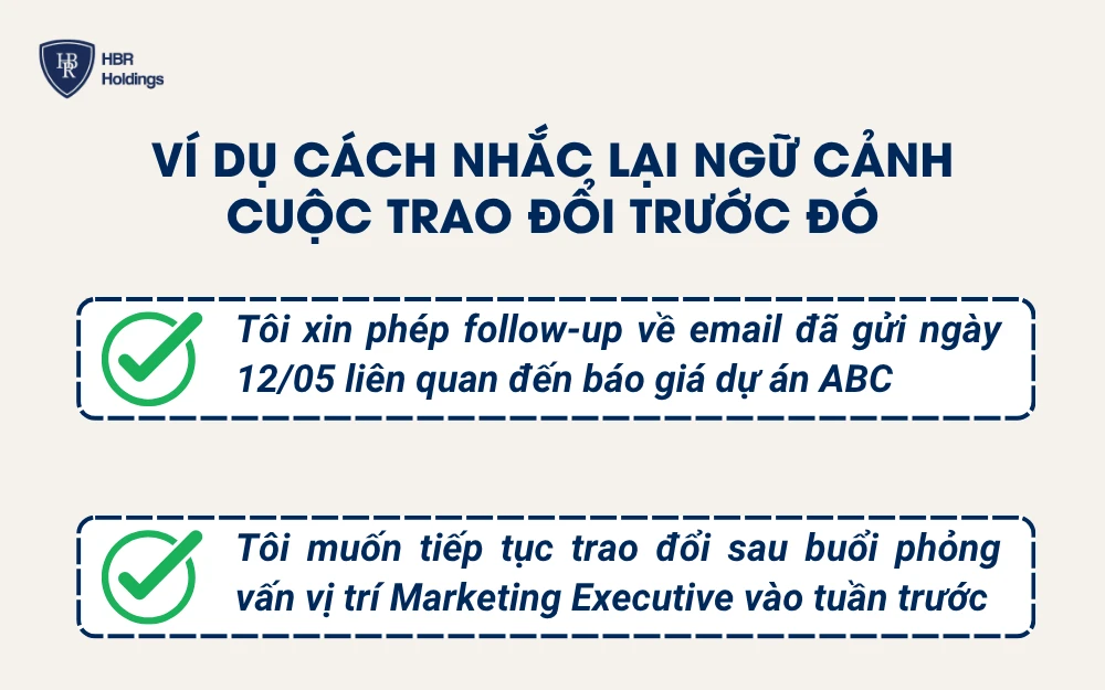 Ví dụ cách nhắc lại ngữ cảnh cuộc trao đổi trước đó