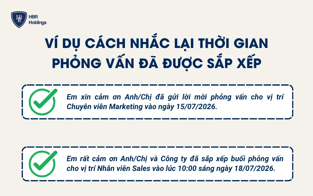 Ví dụ cách nhắc lại thời gian phỏng vấn đã được sắp xếp