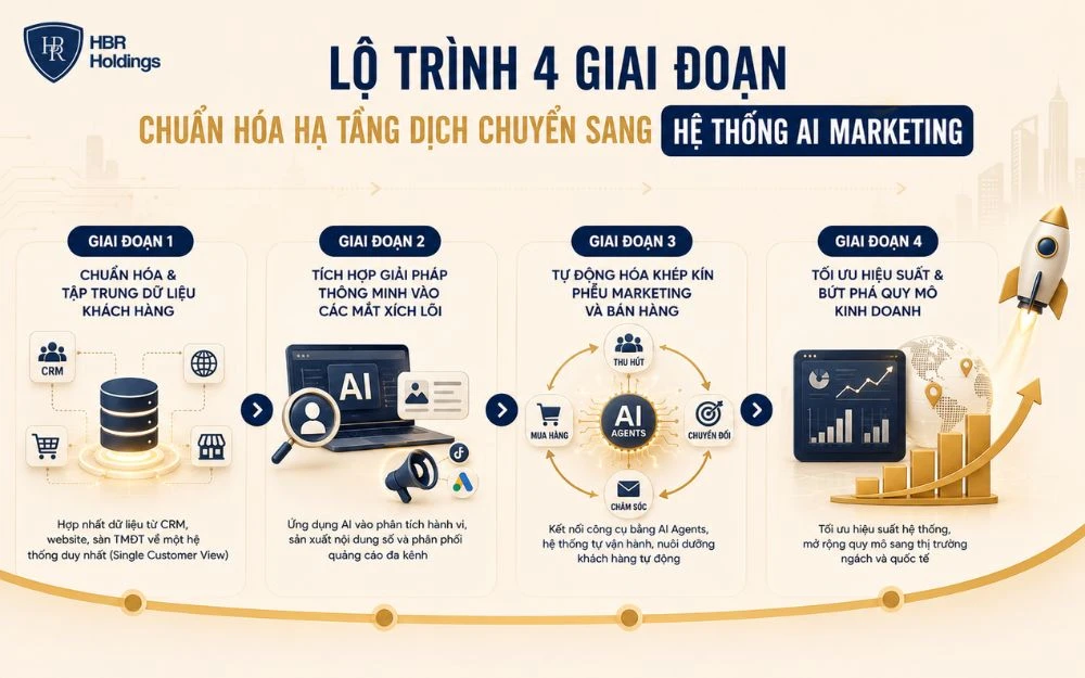 Lộ trình 4 giai đoạn chuyển đổi sang hệ thống AI Marketing tối ưu hóa dữ liệu, tự động hóa và mở rộng quy mô doanh nghiệp.