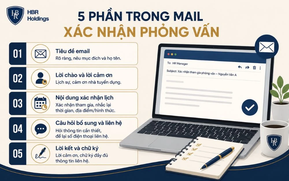 Cấu trúc email xác nhận phỏng vấn đầy đủ, lịch sự và chuyên nghiệp cho ứng viên.