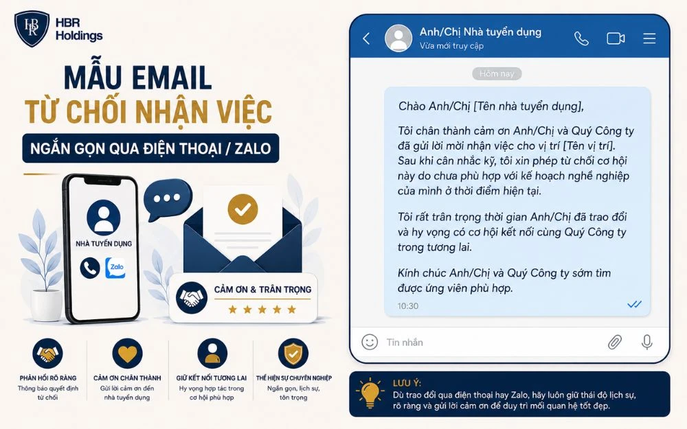 Mẫu từ chối nhận việc ngắn gọn, lịch sự qua điện thoại hoặc Zalo.