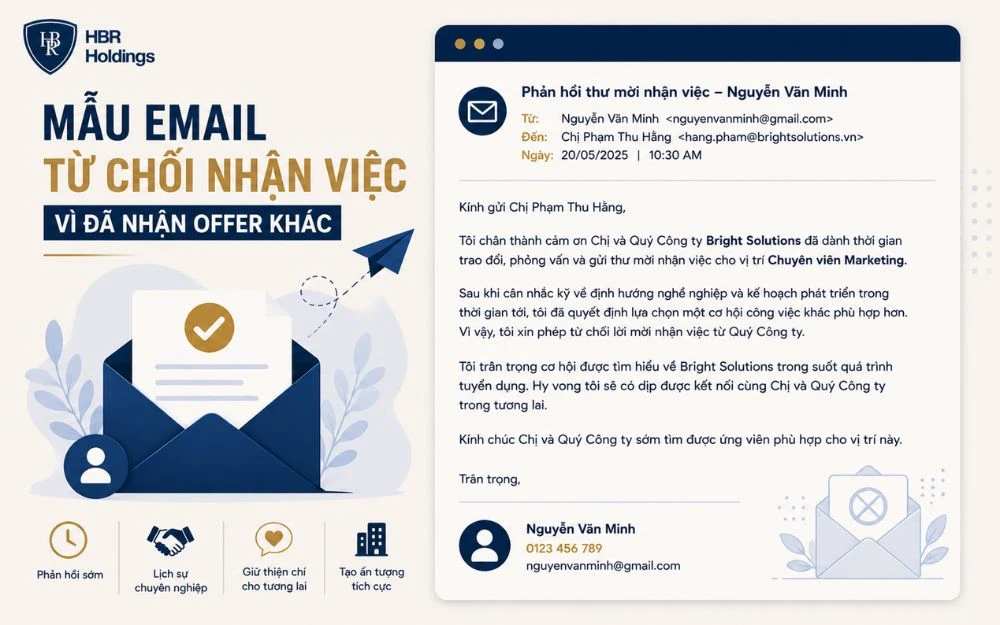 Mẫu email từ chối nhận việc lịch sự khi đã chọn offer phù hợp hơn.