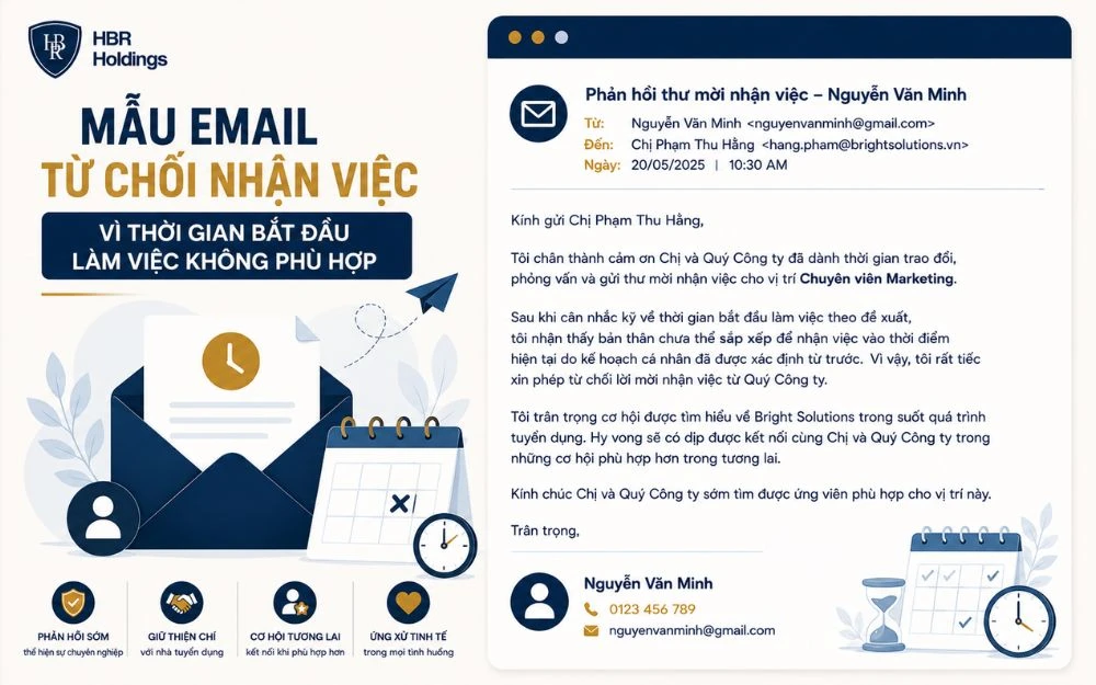Mẫu email từ chối nhận việc khi thời gian bắt đầu chưa phù hợp.