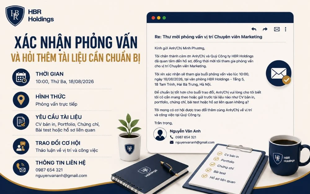 Mẫu email xác nhận phỏng vấn kèm hỏi tài liệu giúp ứng viên chuẩn bị đầy đủ hơn.
