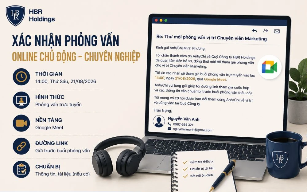 Mẫu email xác nhận phỏng vấn online chuyên nghiệp qua Zoom hoặc Google Meet rõ ràng, lịch sự.
