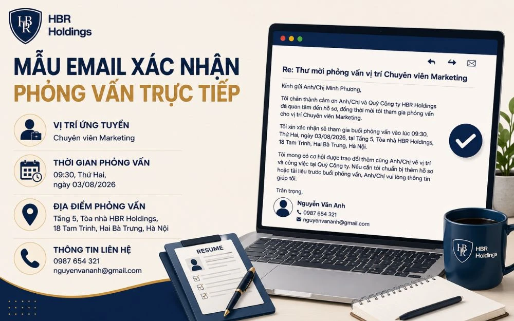 Mẫu email xác nhận phỏng vấn trực tiếp đầy đủ, lịch sự và chuyên nghiệp cho ứng viên.